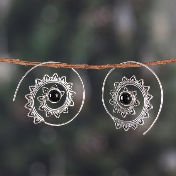 Alternate image for Handmade Spiral Sterling Silver and Onyx Half-Hoop Earrings Arcane Spirals