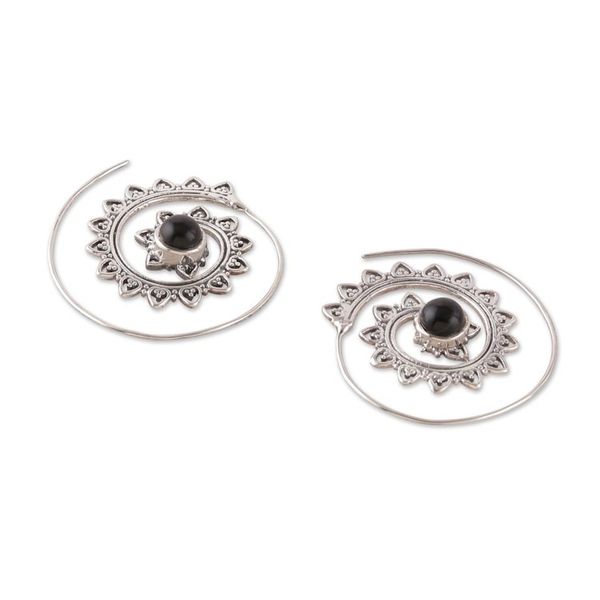 Alternate image for Handmade Spiral Sterling Silver and Onyx Half-Hoop Earrings Arcane Spirals
