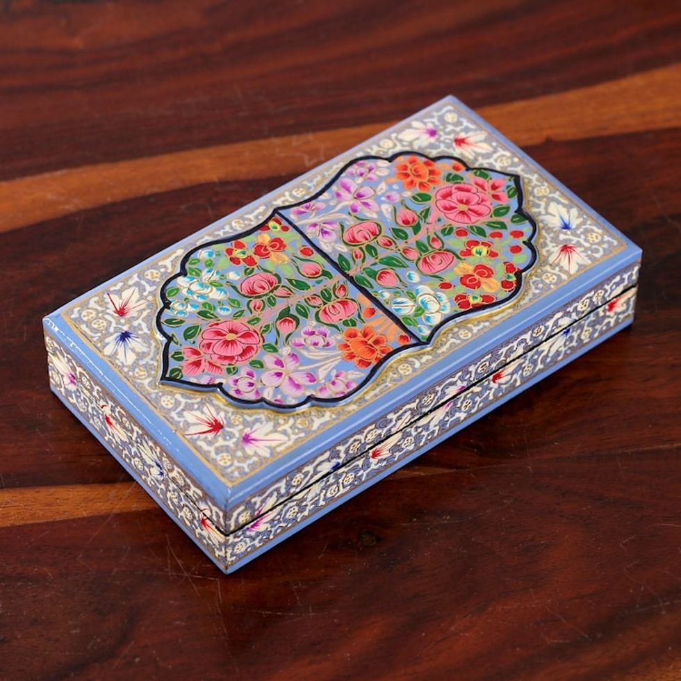 Nature Themed Hand-Painted Papier Mache Wood Decorative Box 'Blue Kashmir Treasures'