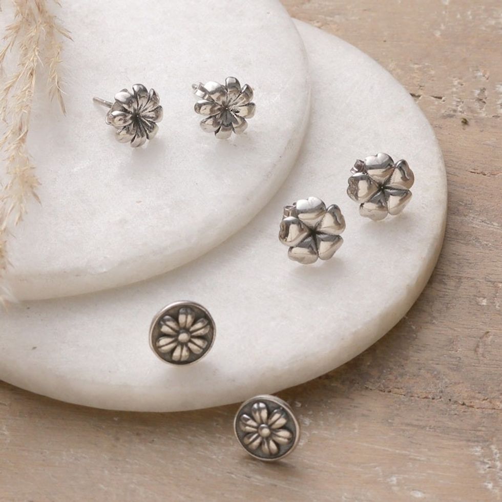 Set of 3 Sterling Silver Stud Earrings with Floral Motifs 'Floral Harmony'