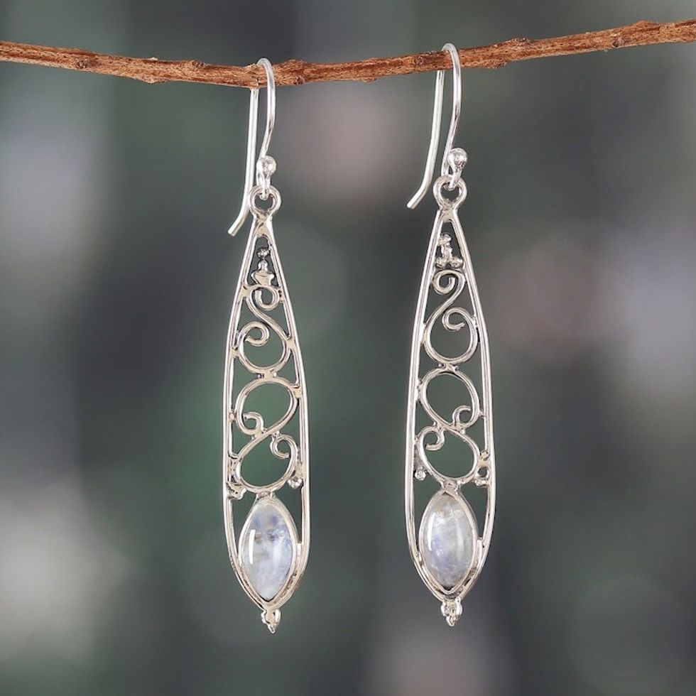 Fantasy-Inspired Natural Rainbow Moonstone Dangle Earrings 'Moonlit Drop'