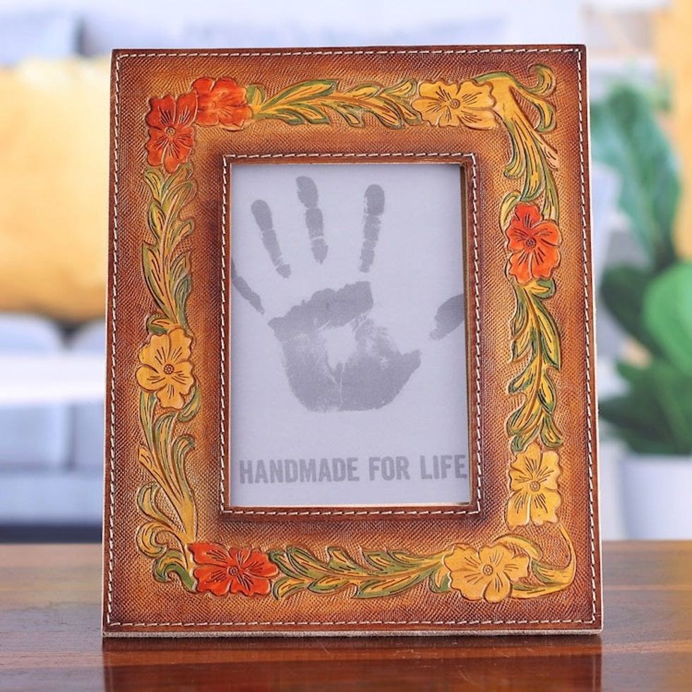 Autumn-Themed Amber and Vermilion Leather Photo Frame 4x6 'Autumn Ecstasy'
