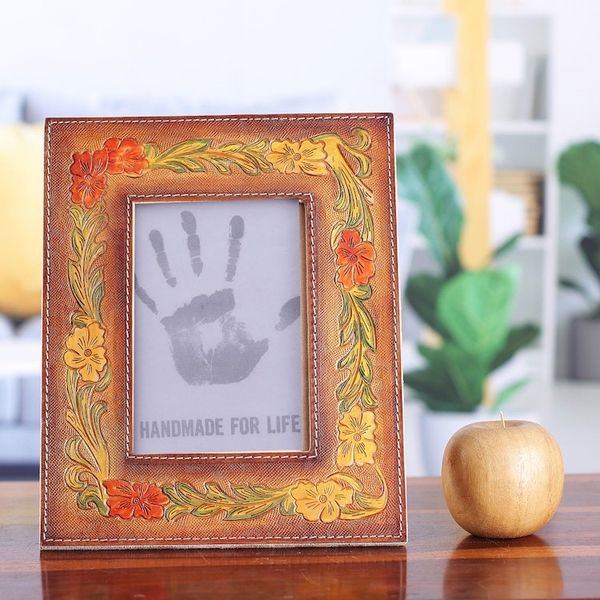 Alternate image for Autumn-Themed Amber and Vermilion Leather Photo Frame 4x6 Autumn Ecstasy