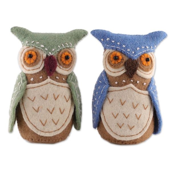 Alternate image for Set of 2 Owl-Themed Blue and Green Wool Felt Holiday Decor Holiday Hoot