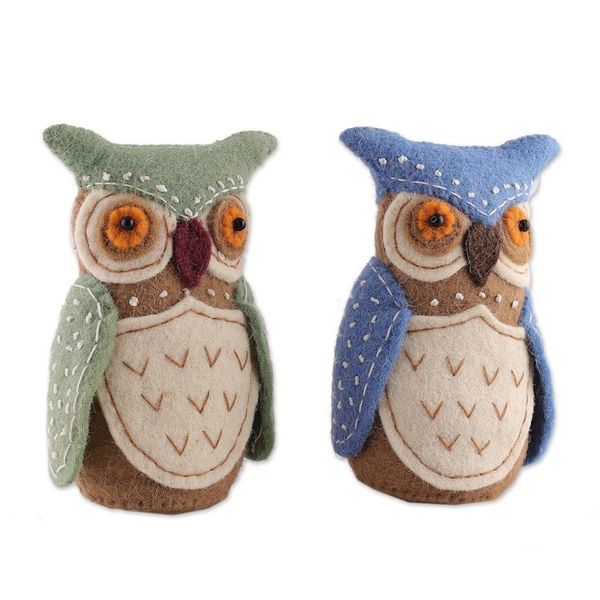 Alternate image for Set of 2 Owl-Themed Blue and Green Wool Felt Holiday Decor Holiday Hoot