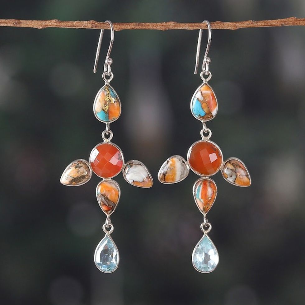 8-Carat Faceted and Cabochon Multi-Gemstone Dangle Earrings 'Fiery Drops'