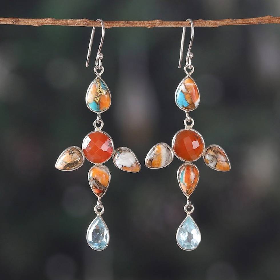 8-Carat Faceted and Cabochon Multi-Gemstone Dangle Earrings 'Fiery Drops'
