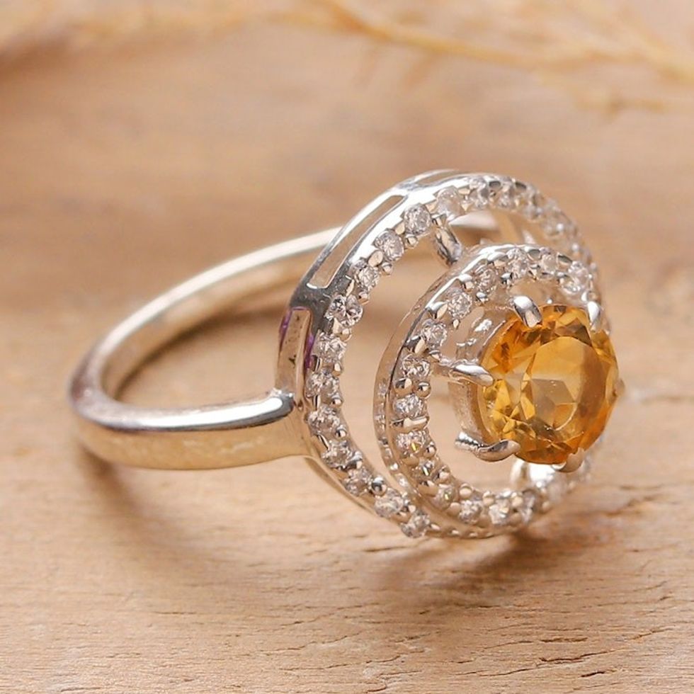 Citrine and Cubic Zirconia Rhodium-Plated Cocktail Ring 'Sunlit Sparkle'