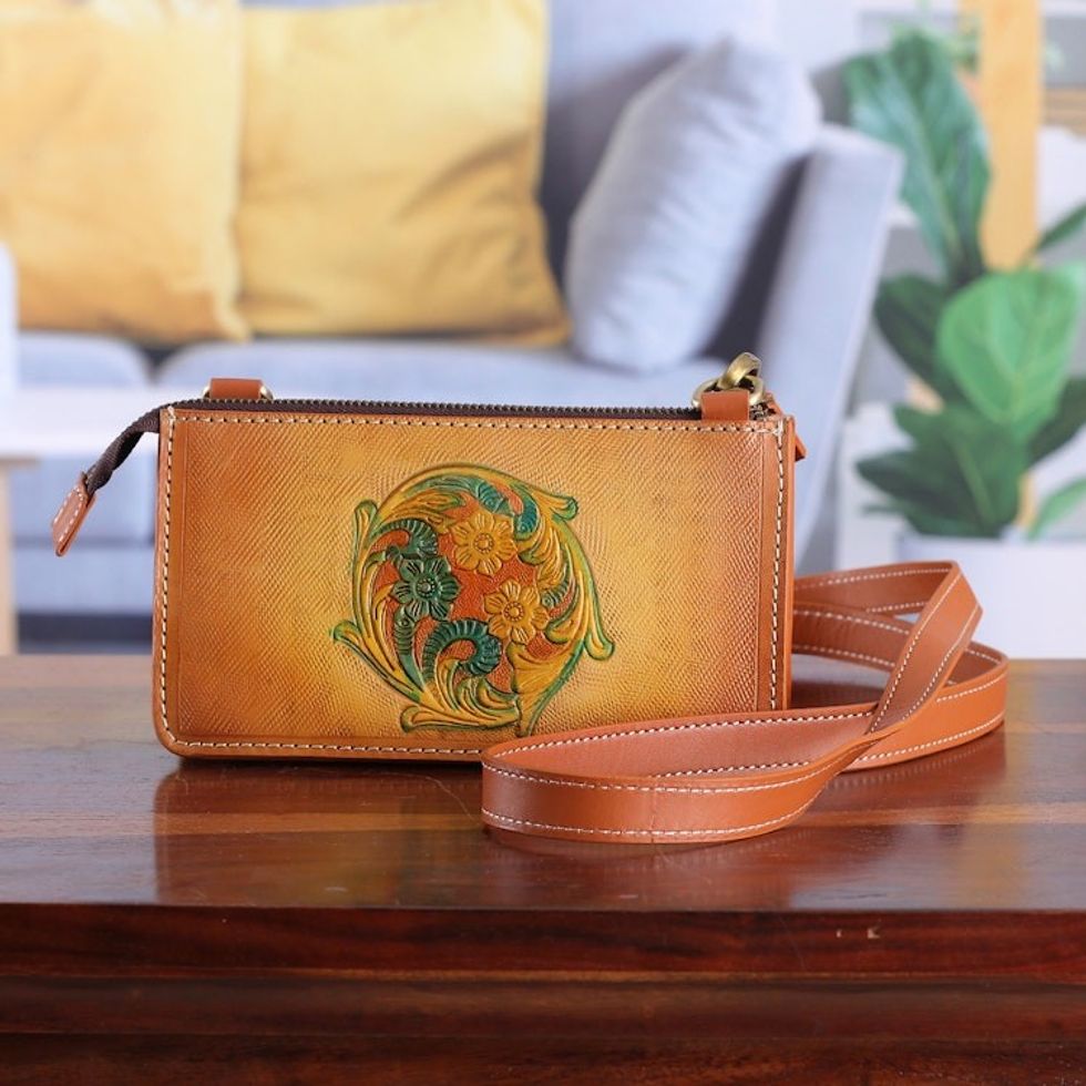 Handmade Floral Copper Brown Zippered Leather Clutch Sling 'Cycle of Summer'