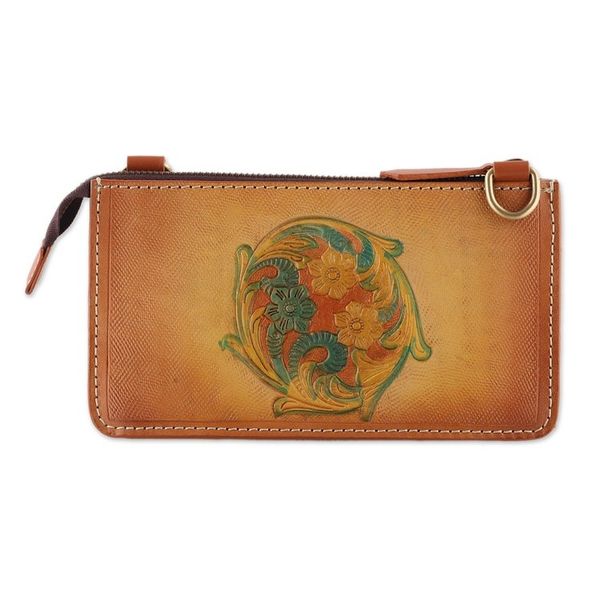 Alternate image for Handmade Floral Copper Brown Zippered Leather Clutch Sling Cycle of Summer