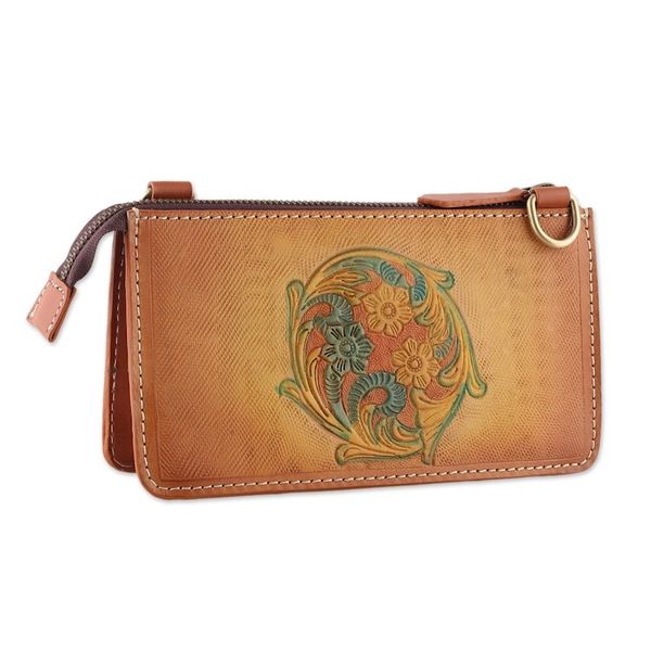 Alternate image for Handmade Floral Copper Brown Zippered Leather Clutch Sling Cycle of Summer