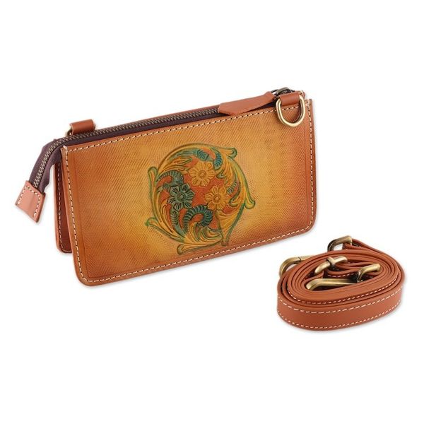 Alternate image for Handmade Floral Copper Brown Zippered Leather Clutch Sling Cycle of Summer