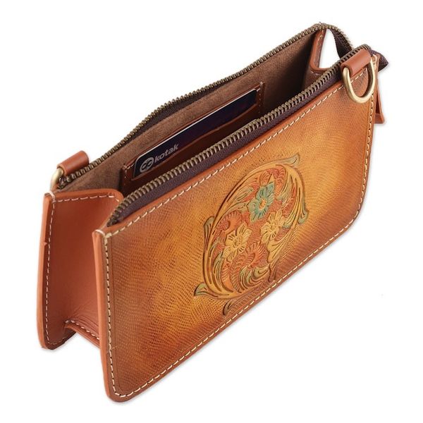 Alternate image for Handmade Floral Copper Brown Zippered Leather Clutch Sling Cycle of Summer