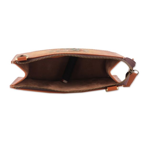 Alternate image for Handmade Floral Copper Brown Zippered Leather Clutch Sling Cycle of Summer