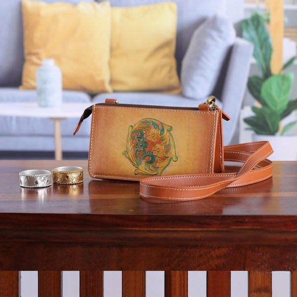 Alternate image for Handmade Floral Copper Brown Zippered Leather Clutch Sling Cycle of Summer