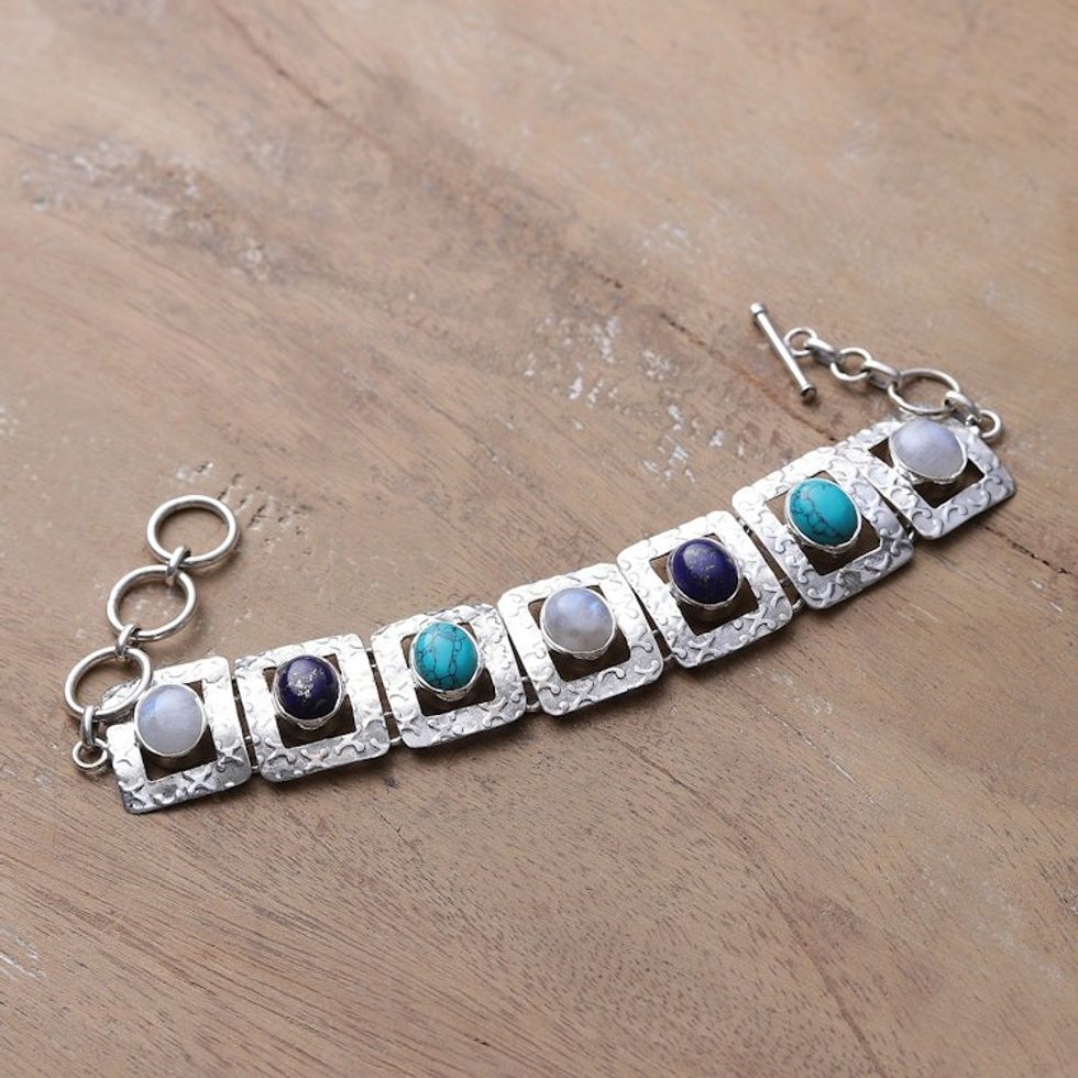 Avant-Garde Blue Multi-Gemstone Link Bracelet Made in India 'Ocean Windows'