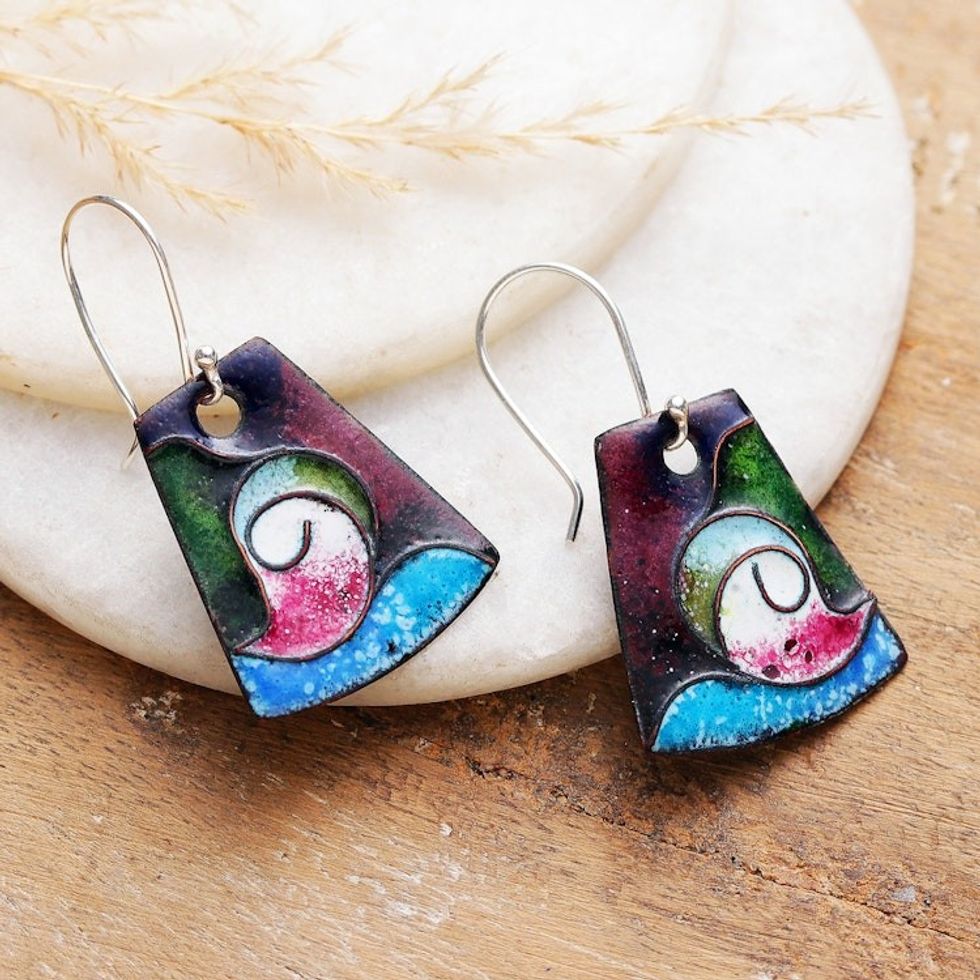 Geometric Paisley Copper Dangle Earrings Painted in India 'Paisley Chronicles'