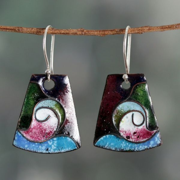 Alternate image for Geometric Paisley Copper Dangle Earrings Painted in India Paisley Chronicles