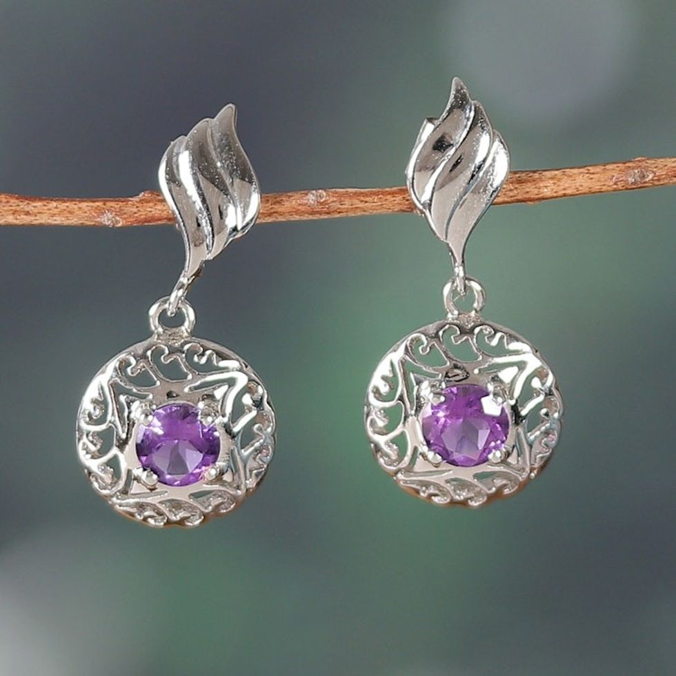 Rhodium-Plated Dangle Earrings with One-Carat Amethyst Gems 'Lilac Swirl'