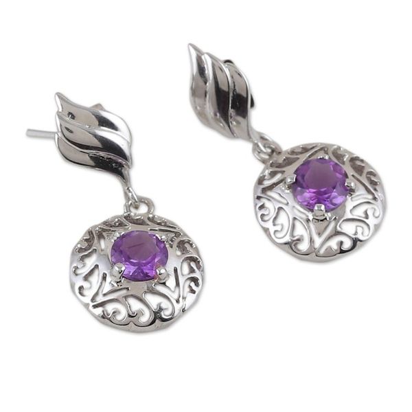 Alternate image for Rhodium-Plated Dangle Earrings with One-Carat Amethyst Gems Lilac Swirl