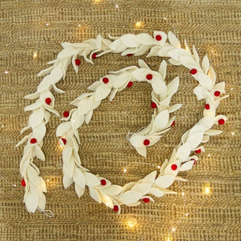 Wool Felt Leaf Holiday Garland in White and Red from India 'Winter Decorations'