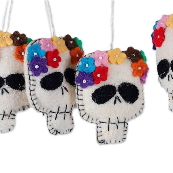 Alternate image for Set of 5 Skull and Flower-Themed Wool Felt Ornaments Life Death