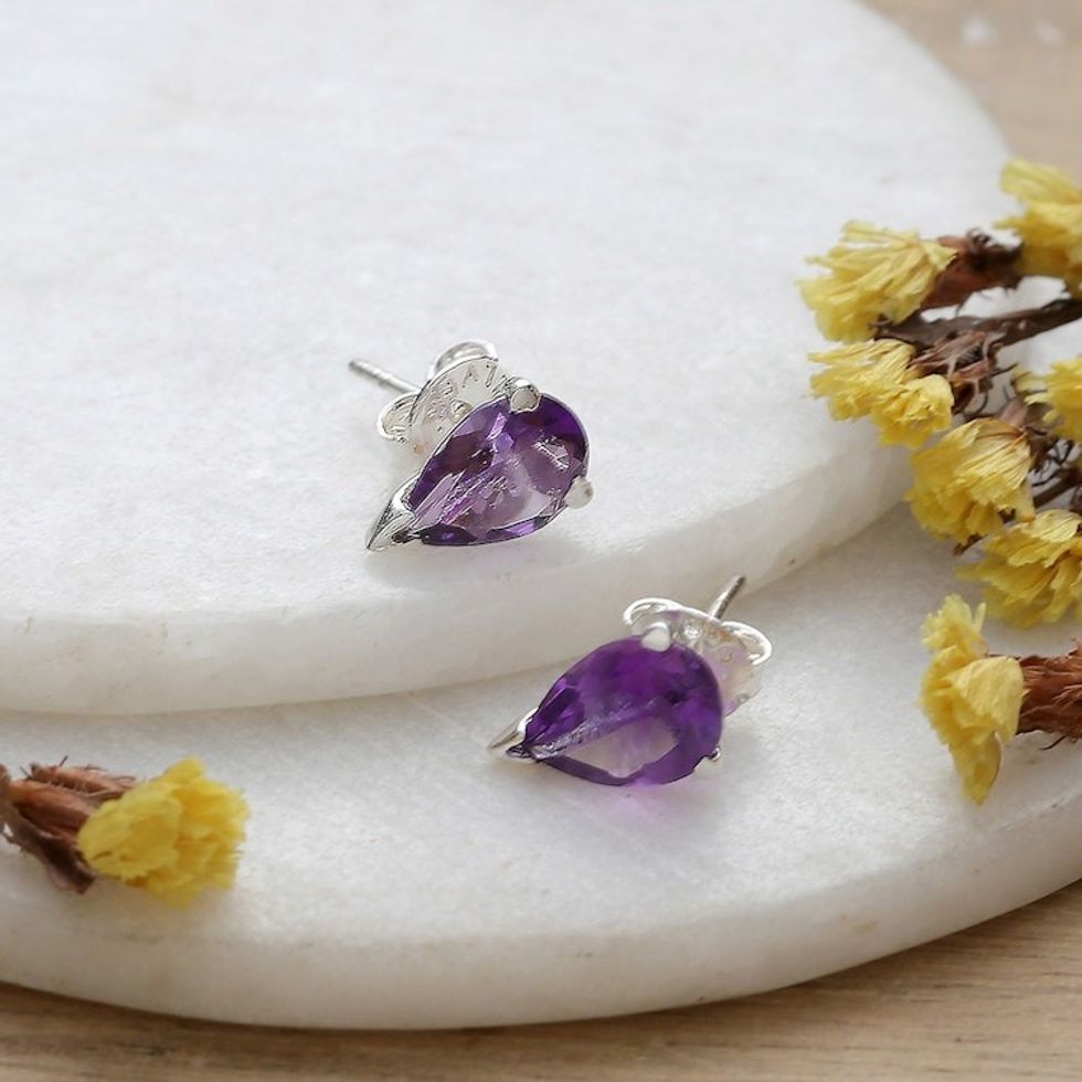 Faceted Three-Carat Amethyst Stud Earrings Crafted in India 'Purple Gleam'