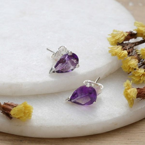 Alternate image for Faceted Three-Carat Amethyst Stud Earrings Crafted in India Purple Gleam