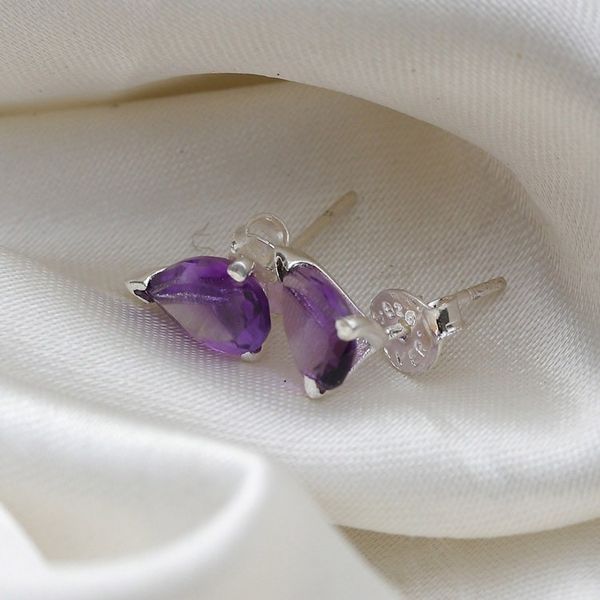 Alternate image for Faceted Three-Carat Amethyst Stud Earrings Crafted in India Purple Gleam