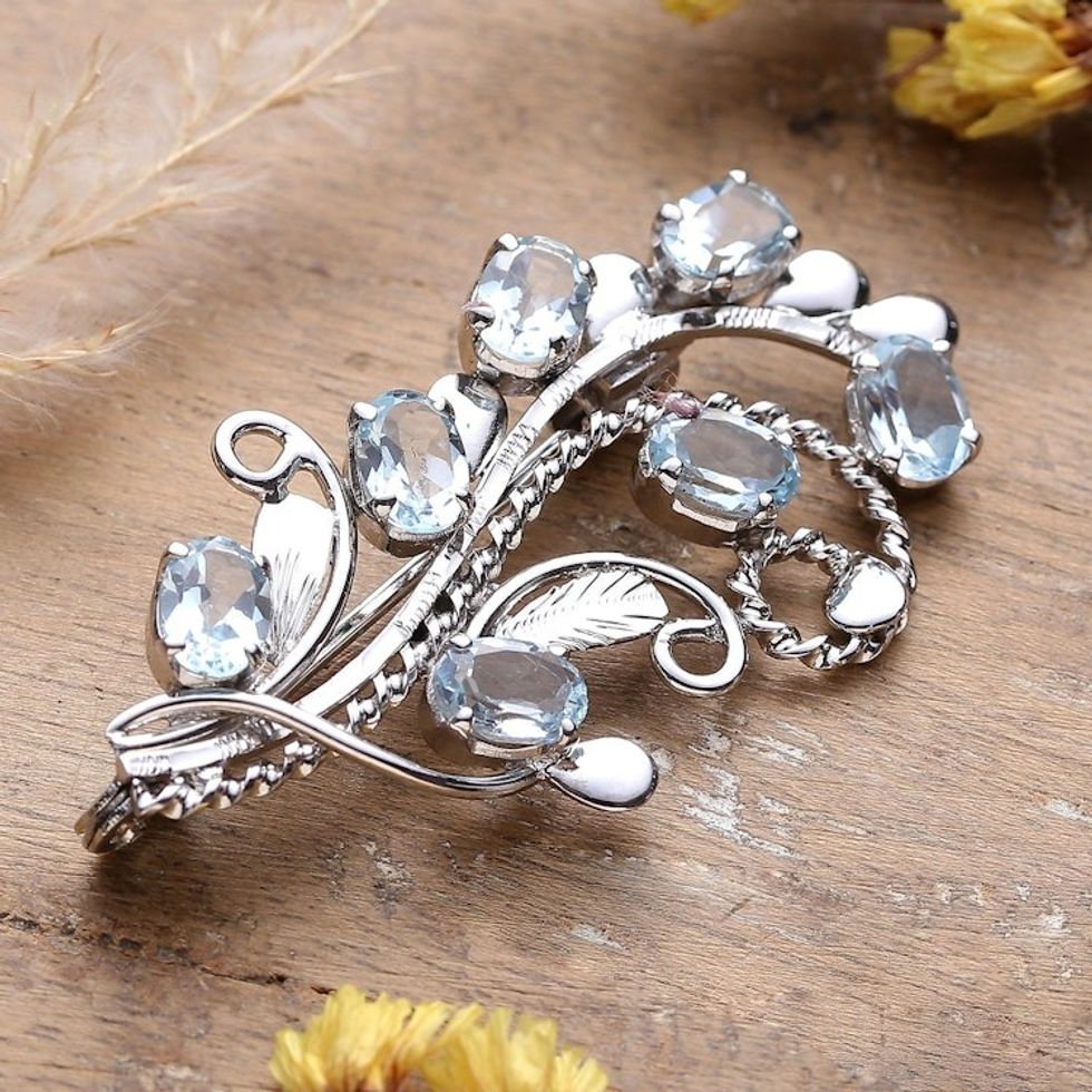 Floral Faceted Seven-Carat Oval Blue Topaz Brooch Pin 'Heaven Bouquet'
