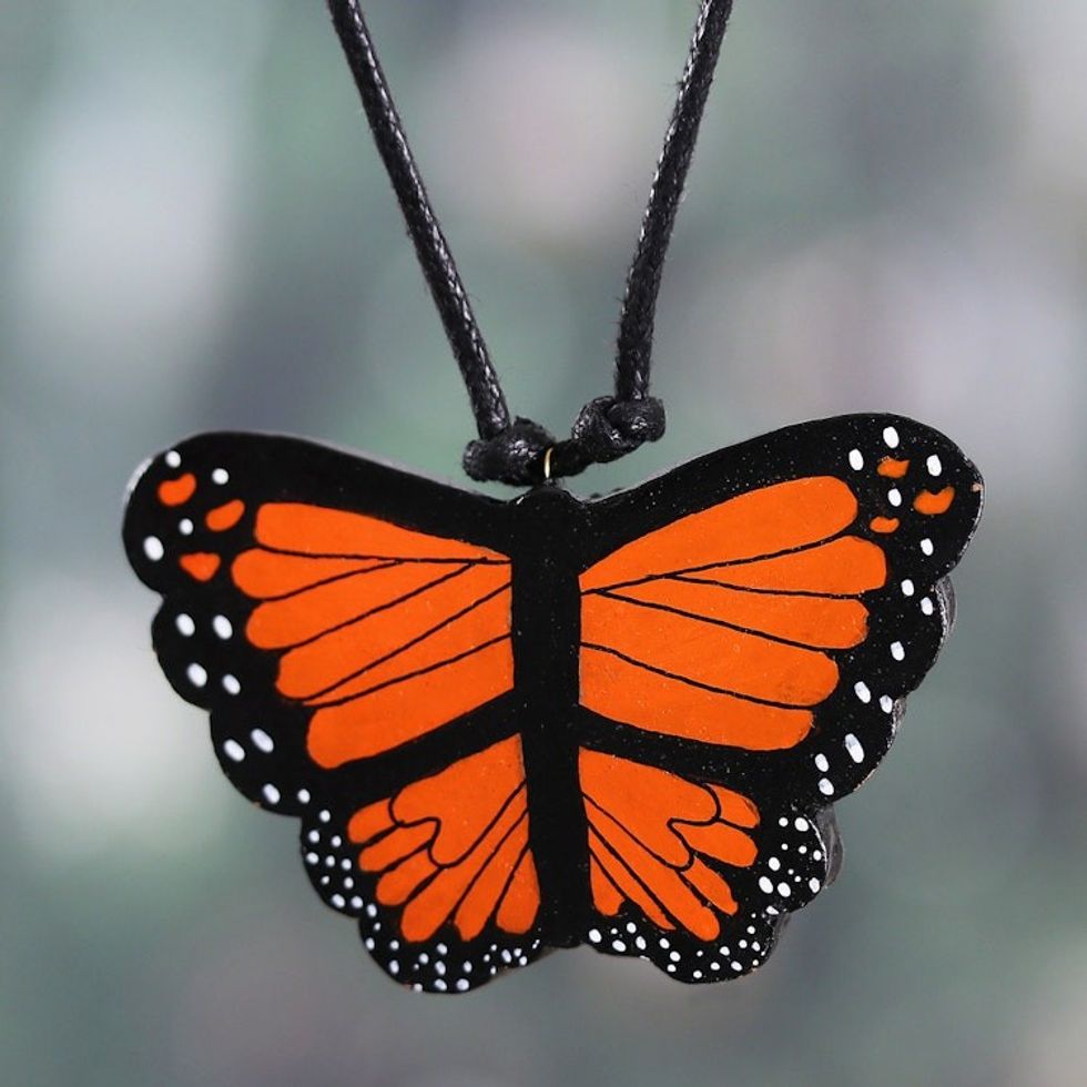 Monarch Butterfly-Shaped Ceramic Pendant Necklace from India 'Monarch Dream'