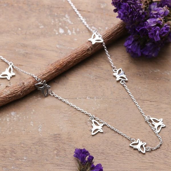 Alternate image for Butterfly-Themed Sterling Silver Station Charm Necklace Butterfly Desire