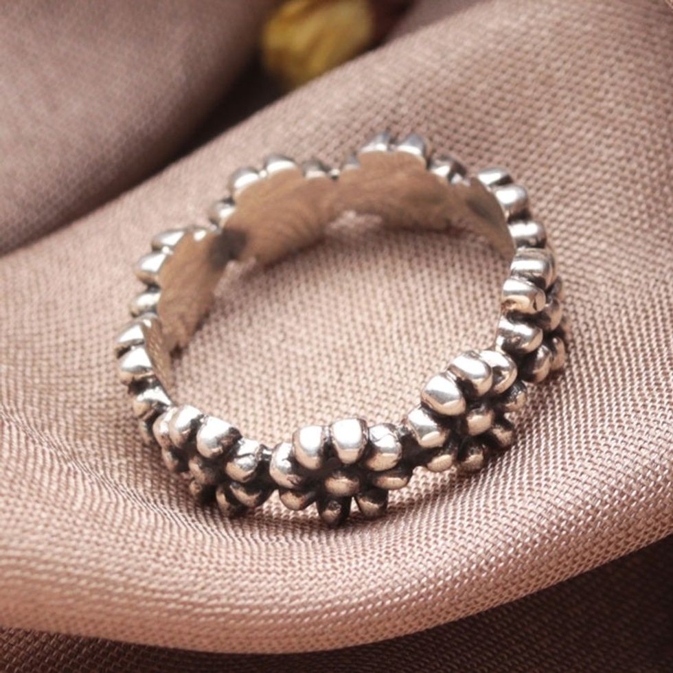 Classic Sterling Silver Floral Band Ring from India 'Dotted Blossoms'