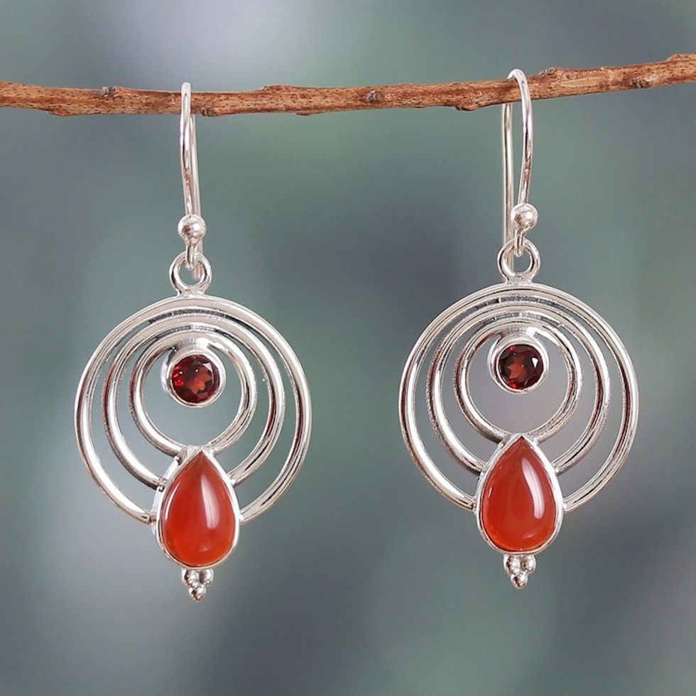 Polished Round Garnet and Natural Carnelian Dangle Earrings 'Orbiting Fire'