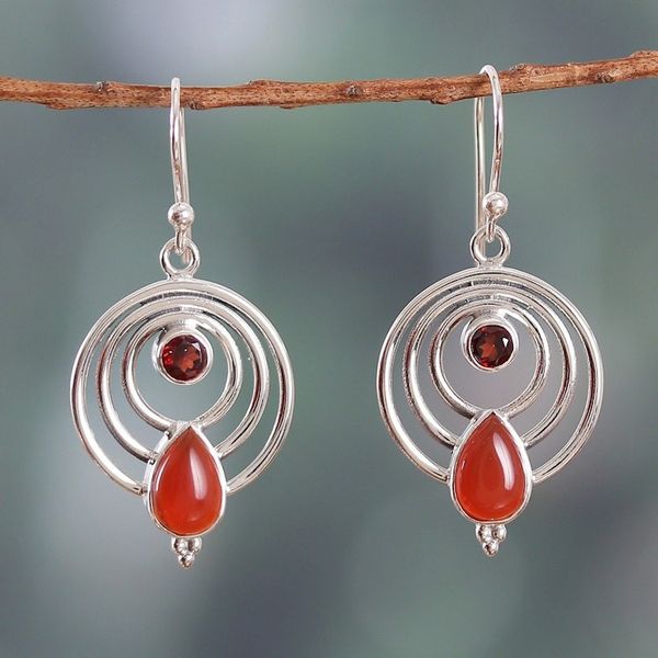 Alternate image for Polished Round Garnet and Natural Carnelian Dangle Earrings Orbiting Fire