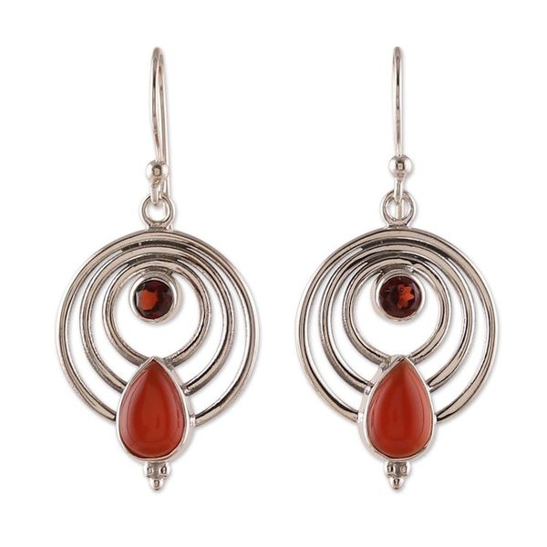 Alternate image for Polished Round Garnet and Natural Carnelian Dangle Earrings Orbiting Fire
