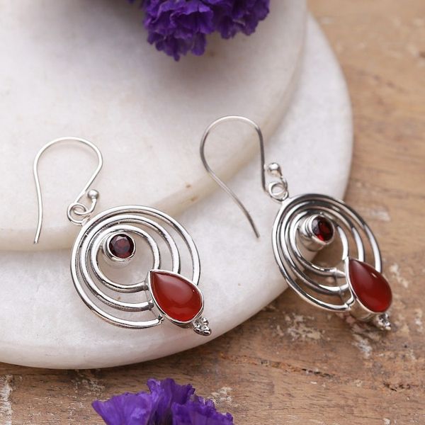 Alternate image for Polished Round Garnet and Natural Carnelian Dangle Earrings Orbiting Fire