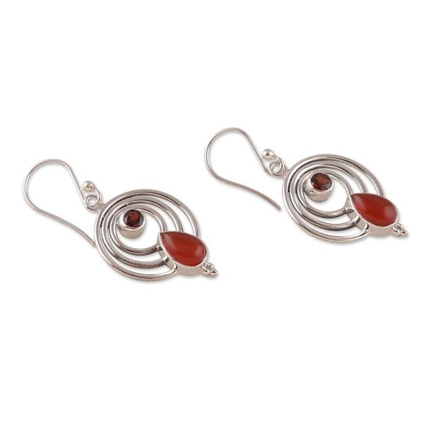 Alternate image for Polished Round Garnet and Natural Carnelian Dangle Earrings Orbiting Fire
