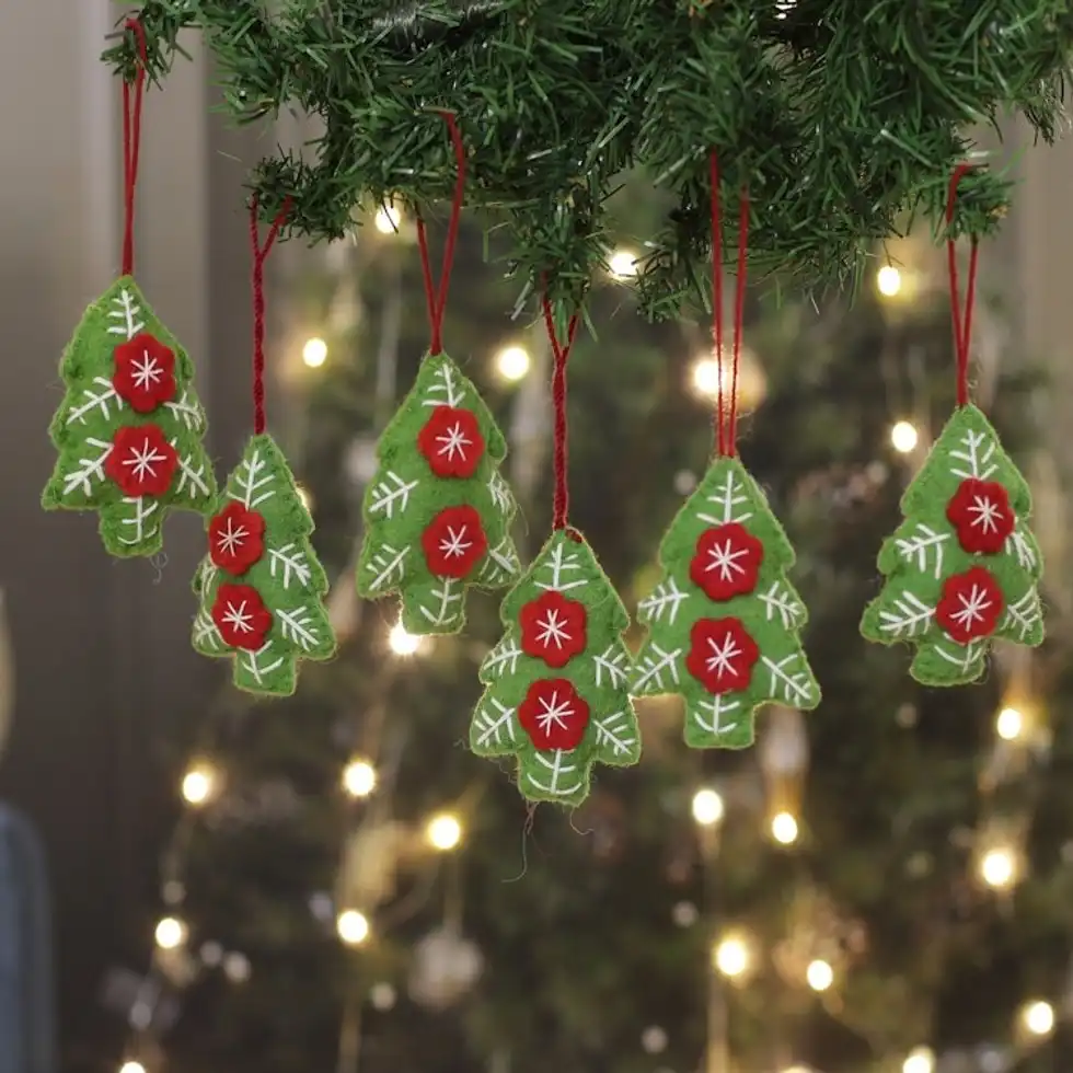 Handcrafted Christmas Tree Wool Felt Ornaments Set of 6 'Sylvan Holidays'