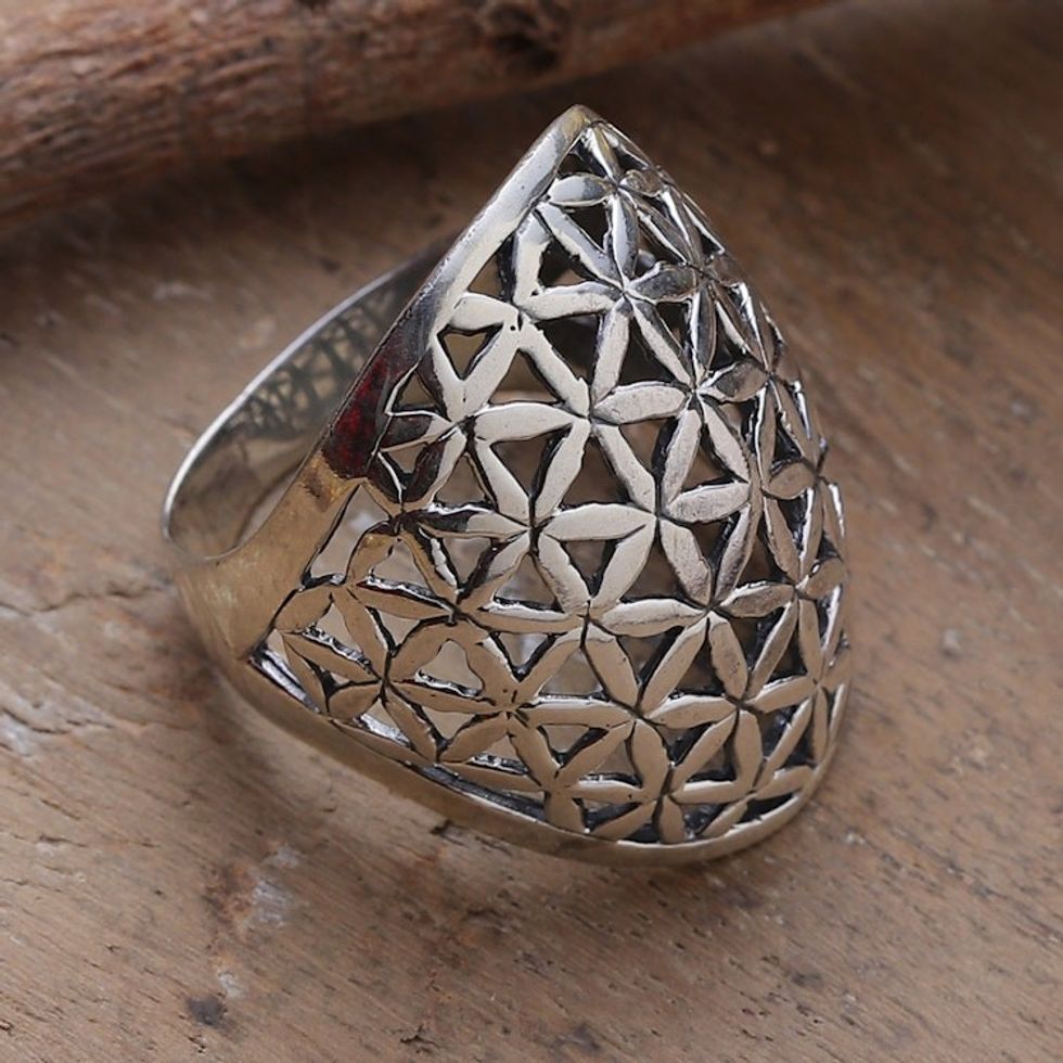 Floral Geometric Sterling Silver Cocktail Ring from India 'Spring Web'