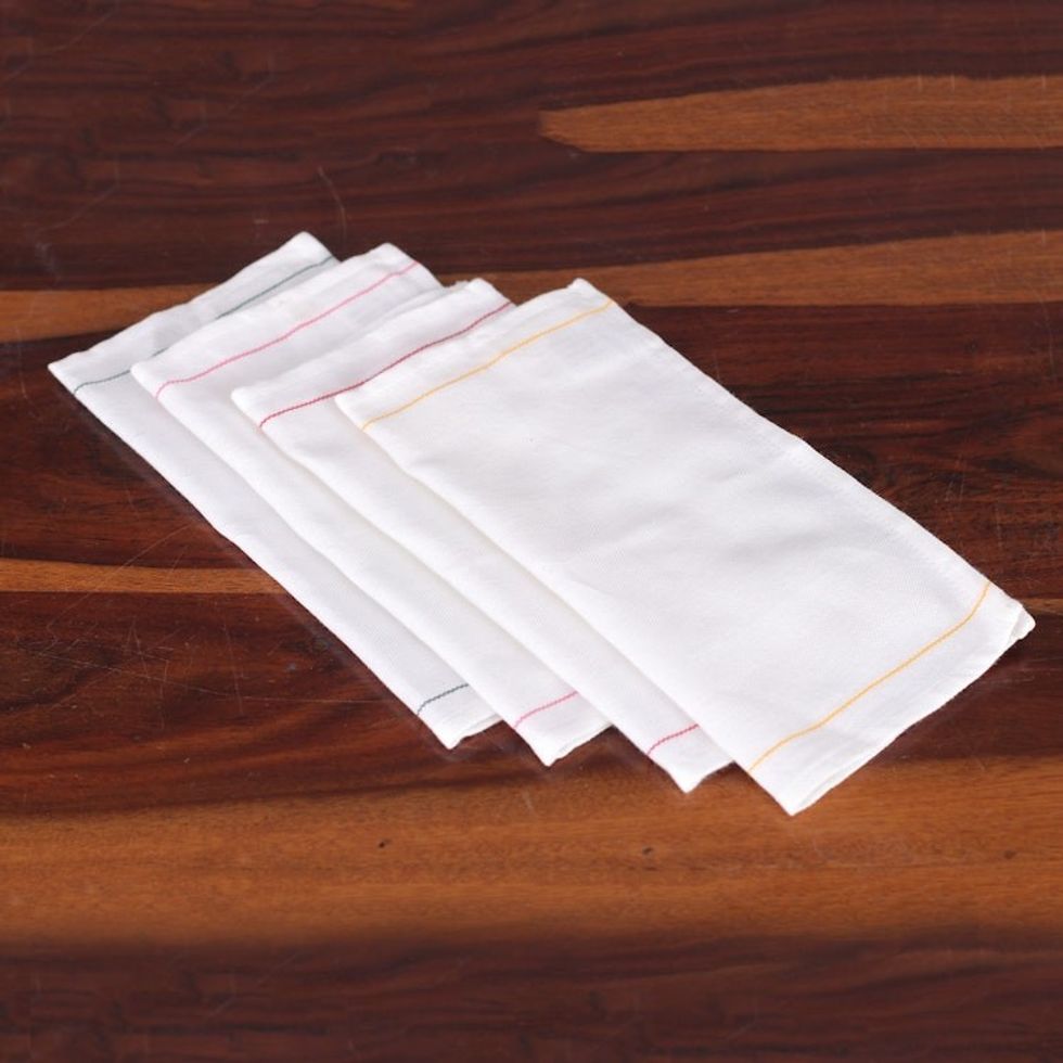 4 Handwoven Cotton Mini Dish Towels with Stitched Accents 'Cheerful Flavors'