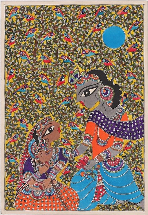 Alternate image for Classic Natural Dye Madhubani Painting of Krishna and Radha Radha Krishna Love