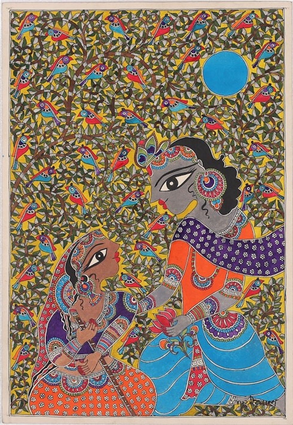Classic Natural Dye Madhubani Painting of Krishna and Radha 'Radha Krishna Love'