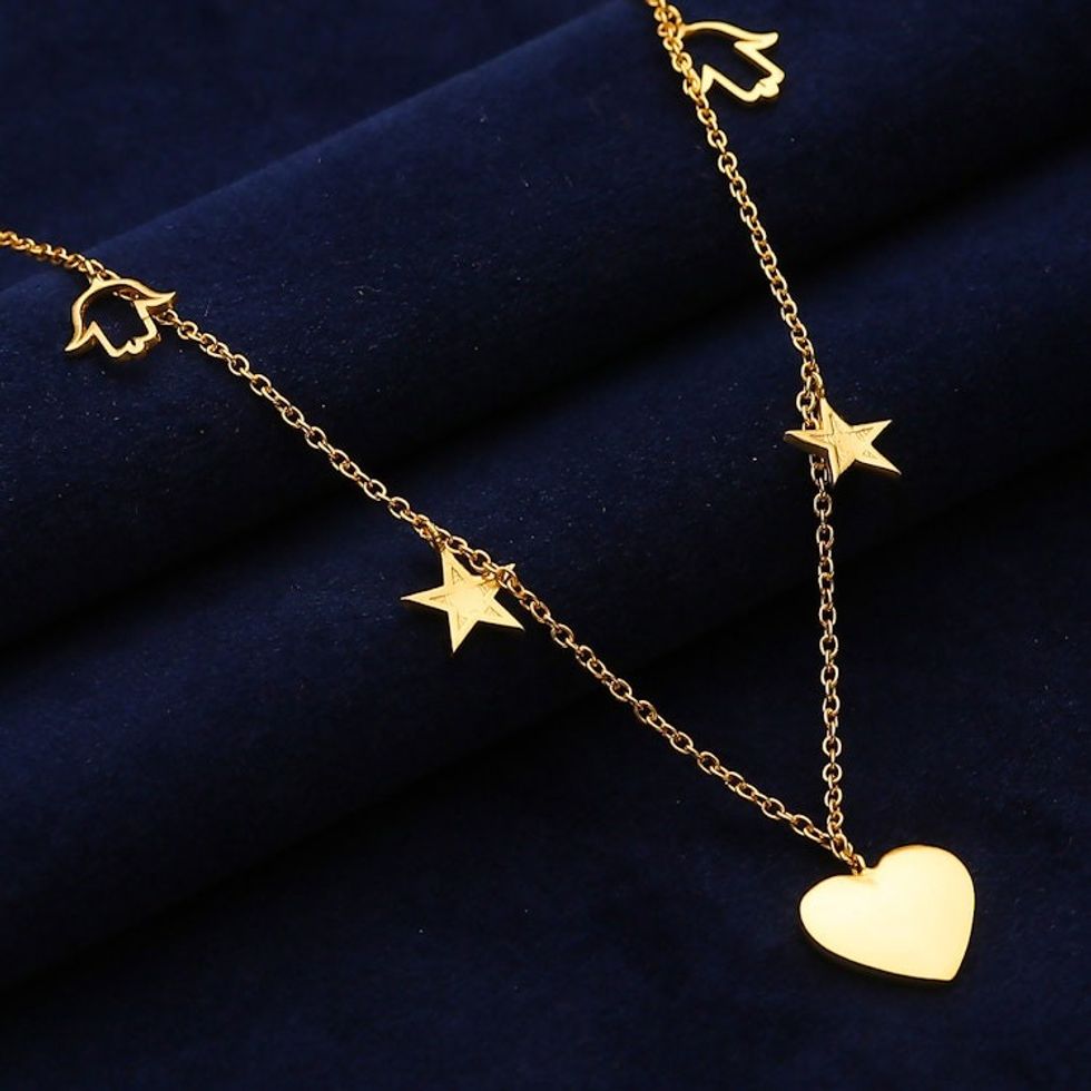 Heart, Star and Hamsa-Themed 22k Gold-Plated Charm Necklace 'Lovely Dreams'