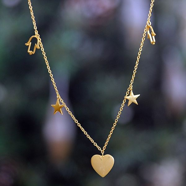 Alternate image for Heart, Star and Hamsa-Themed 22k Gold-Plated Charm Necklace Lovely Dreams