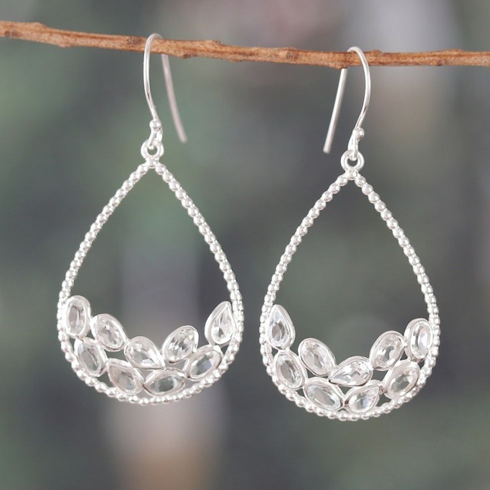 Drop-Shaped Clear Quartz Sterling Silver Dangle Earrings 'Sparkling Drop'