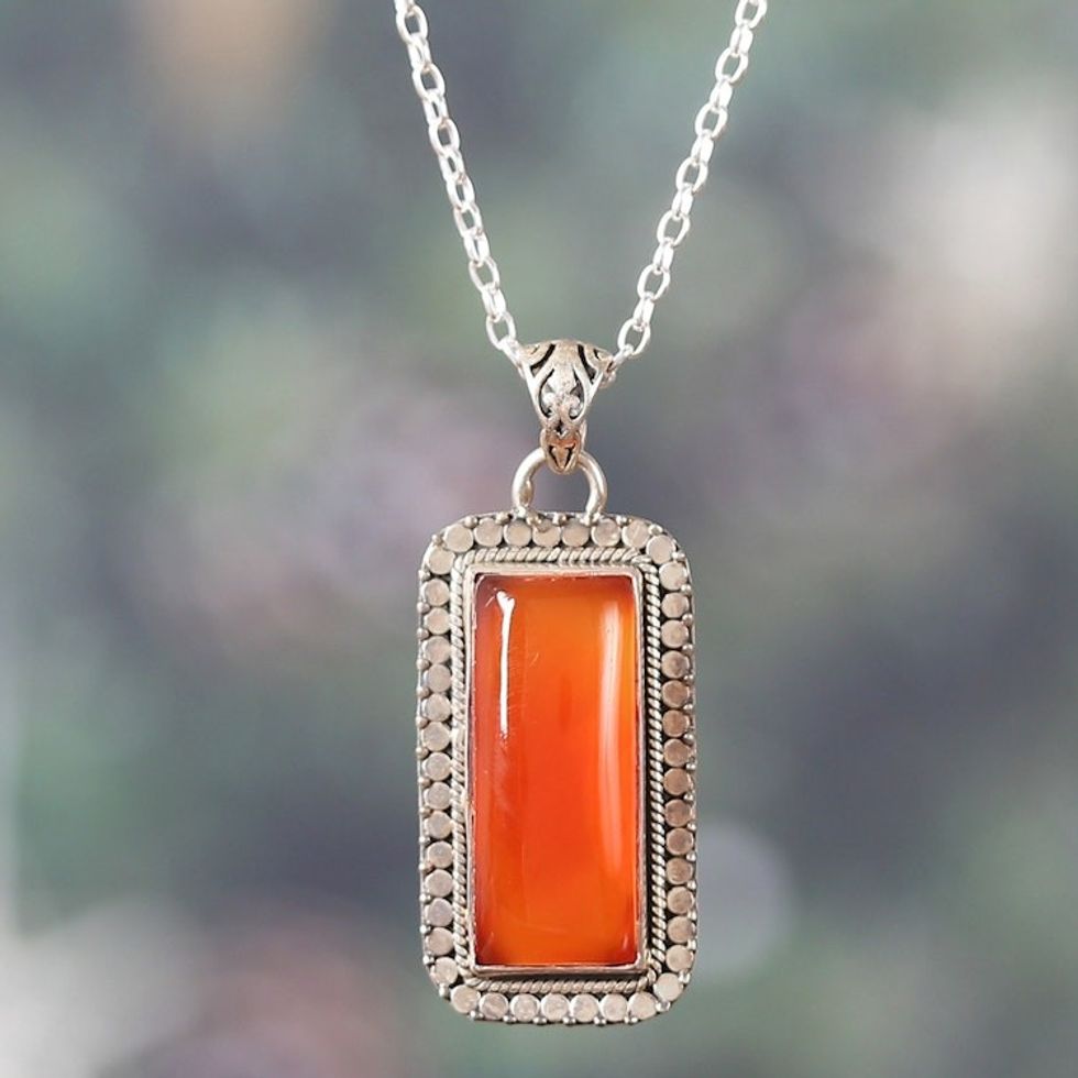 Sterling Silver and Rectangular Carnelian Pendant Necklace 'Fiery Portal'