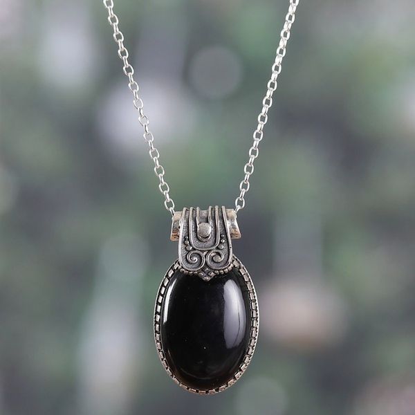 Alternate image for Polished Traditional Onyx Cabochon Pendant Necklace Regal Midnight
