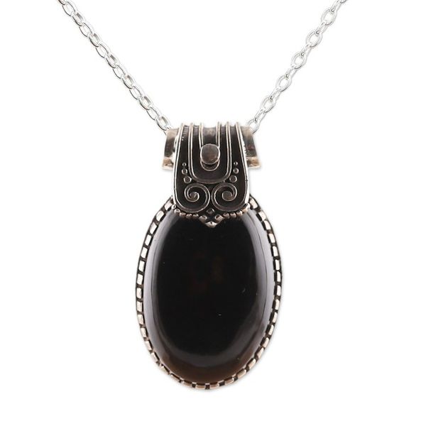 Alternate image for Polished Traditional Onyx Cabochon Pendant Necklace Regal Midnight
