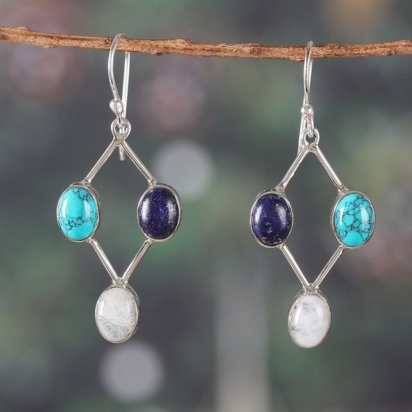Alternate image for Diamond-Shaped Multi-Gemstone Dangle Earrings from India Cosmic Jewel